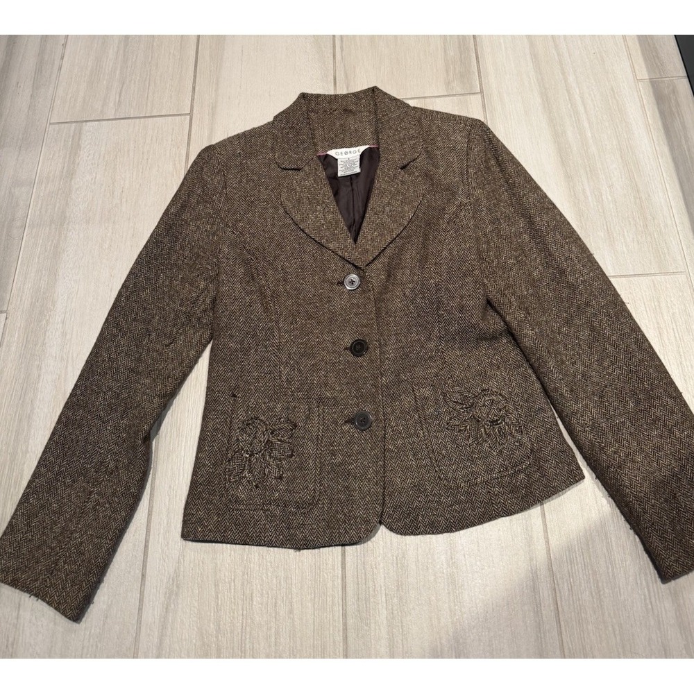 Vintage Tweed Blazer Jacket Brown Floral 90s Clueless Grunge Preppy Small Women